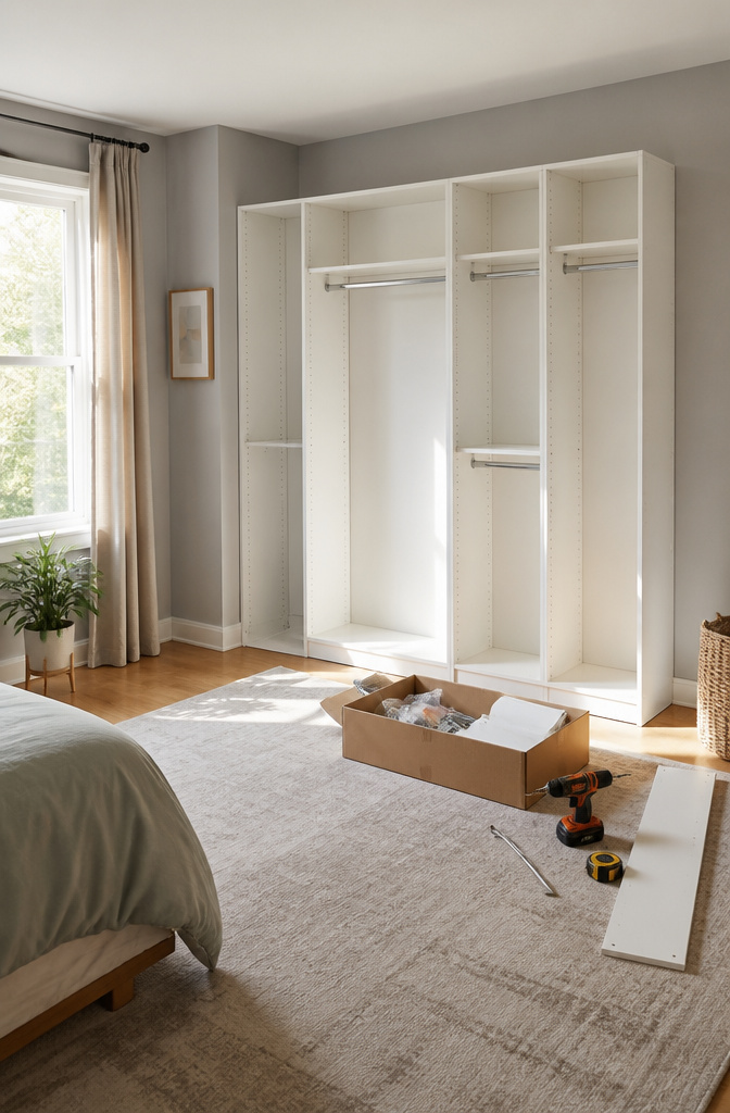 A basic IKEA PAX closet system with shelves and rods.