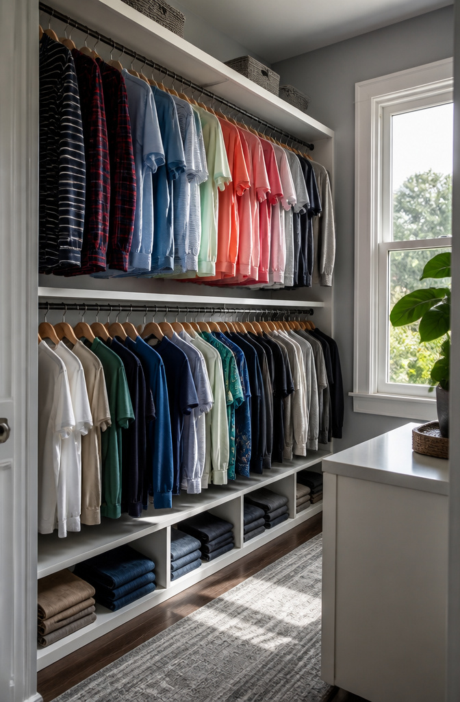 Two hanging rails in a closet displaying shirts above pants.