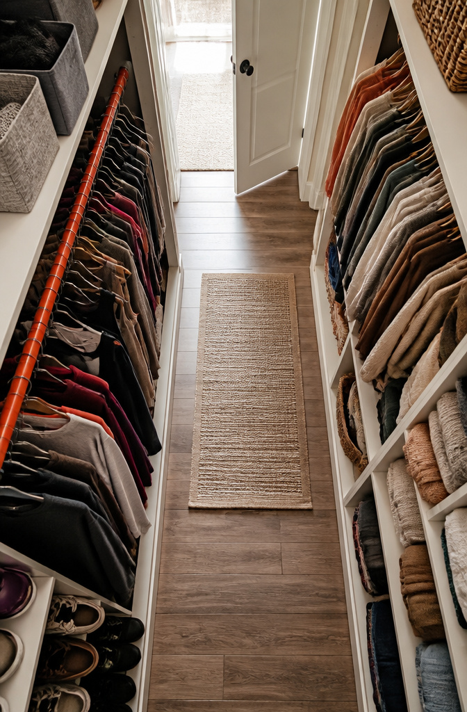 A closet divided into sections for work, exercise, and casual wear.
