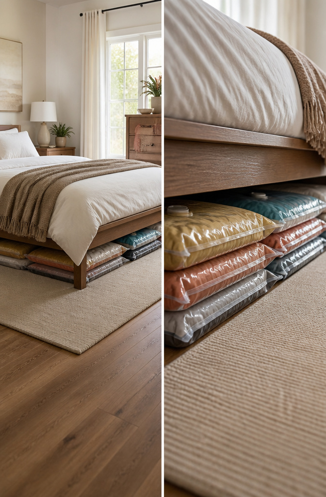 Flat vacuum bags filled with clothing under a bed.