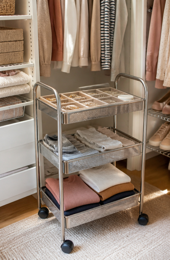 A metal rolling cart with jewelry, socks, and accessories.