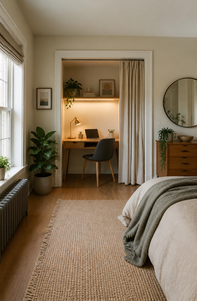 A small closet converted into a home office with a desk.
