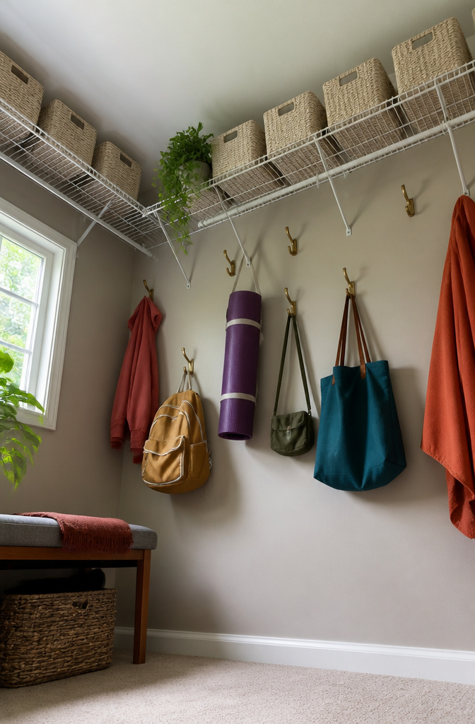 A closet with extra shelves and hooks for organizing items.