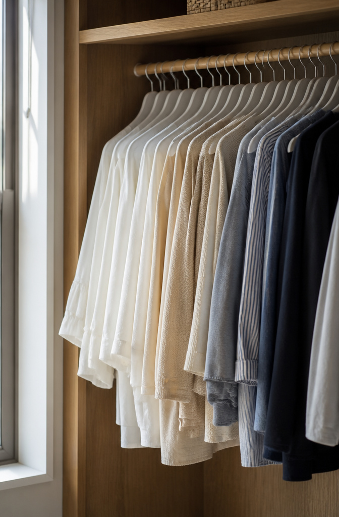 A closet rail filled with matching slimline hangers.