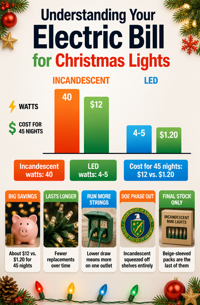 Comparison of electric costs for LED and incandescent Christmas lights.