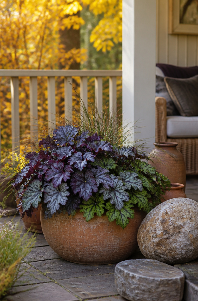A pot of Heuchera 'Stormy Seas' surrounded by stone accents and sunlight.