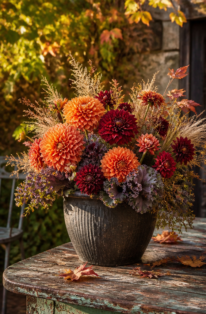 A container featuring large dahlia blooms in vibrant colors.