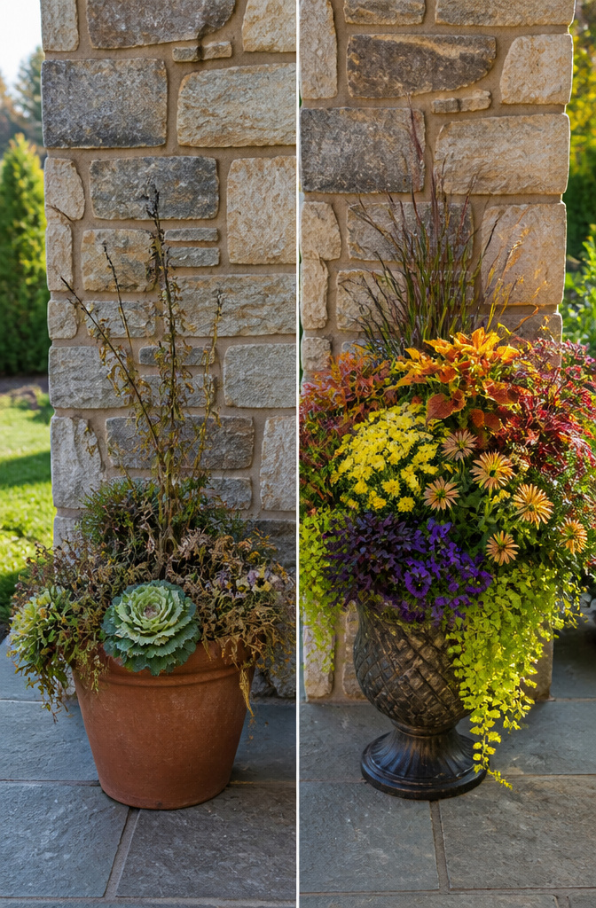Fall color scheme featuring purple, orange, yellow, and burgundy plants.