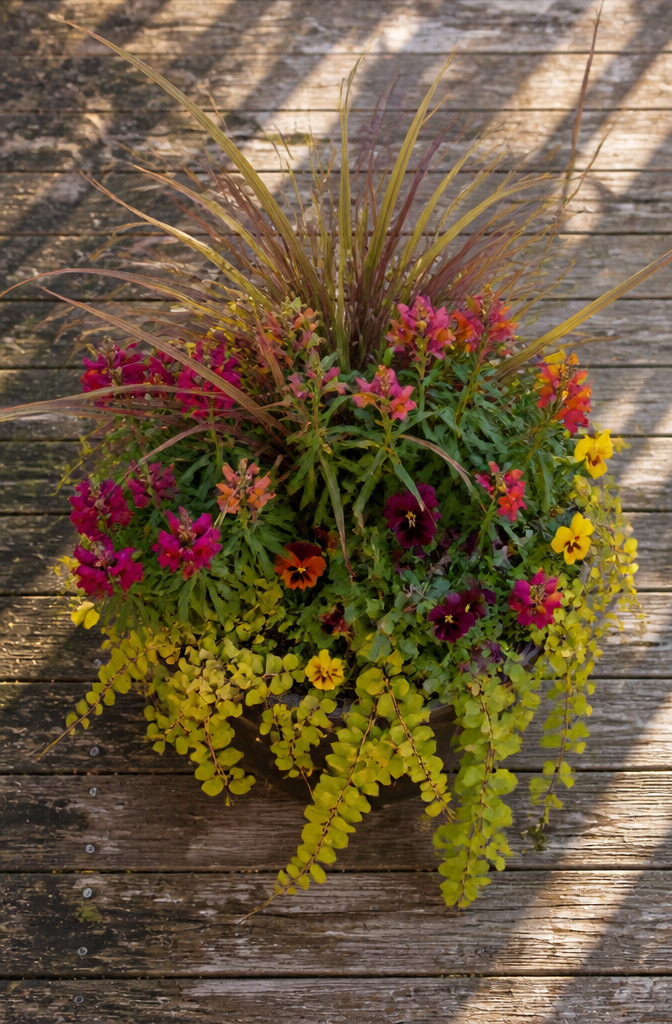 A container showcasing the thriller-filler-spiller planting method.