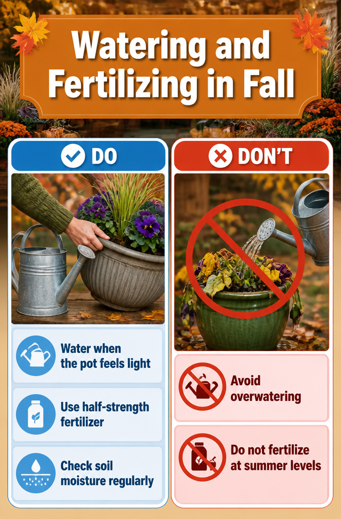An informational image about watering and fertilizing fall containers.