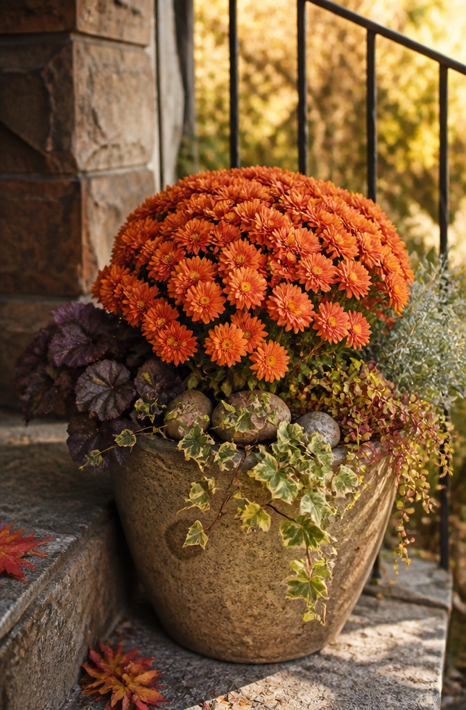 A pot filled with bronze-orange chrysanthemums alongside other plants.