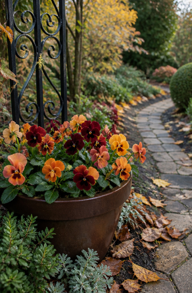 A colorful mix of pansies in a pot with black soil and fallen leaves.