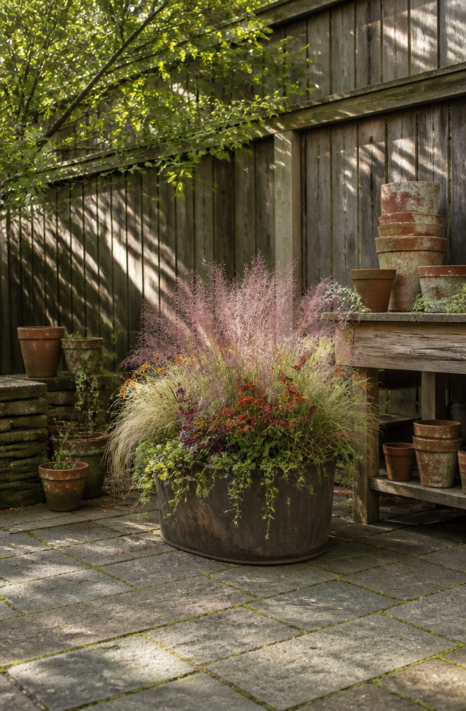 Tall muhly grass growing upright in a container with other plants.