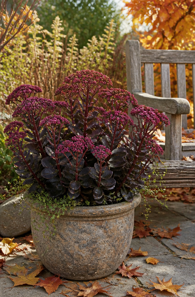 A container filled with Sedum 'Dark Magic' alongside other fall plants.