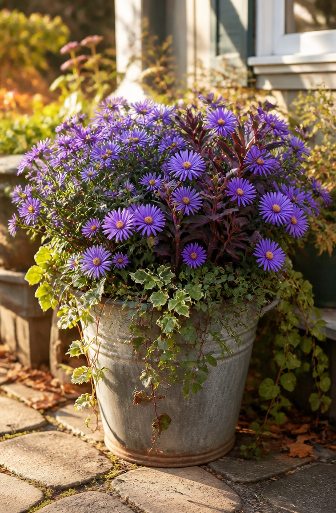Aster flowers in a container, providing late-season color.