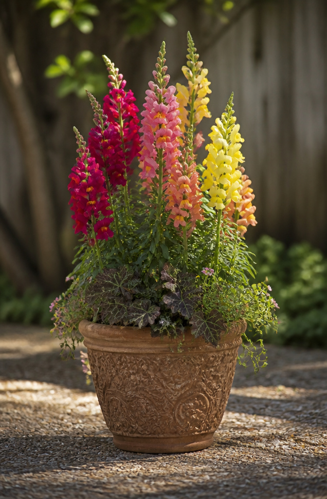 Colorful snapdragons standing tall in a fall container arrangement.