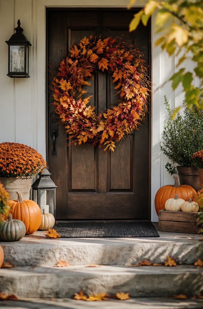 7 Front Porch Fall Decoration Ideas for 2026 2 A large fall wreath hangs on a front door.