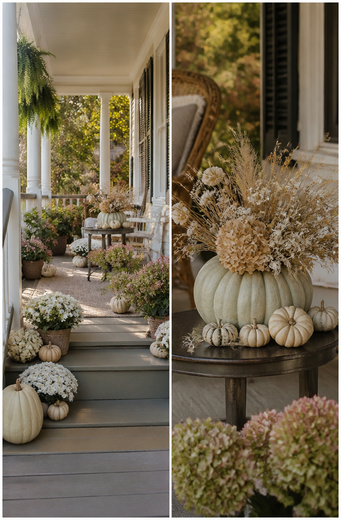 7 Front Porch Fall Decoration Ideas for 2026 12 Fall decorations including mums and pumpkins on a porch in September.