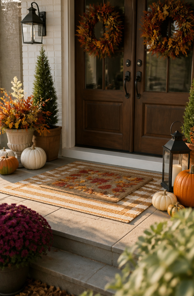 7 Front Porch Fall Decoration Ideas for 2026 3 A 4′ × 6′ outdoor rug layered with a seasonal top mat.