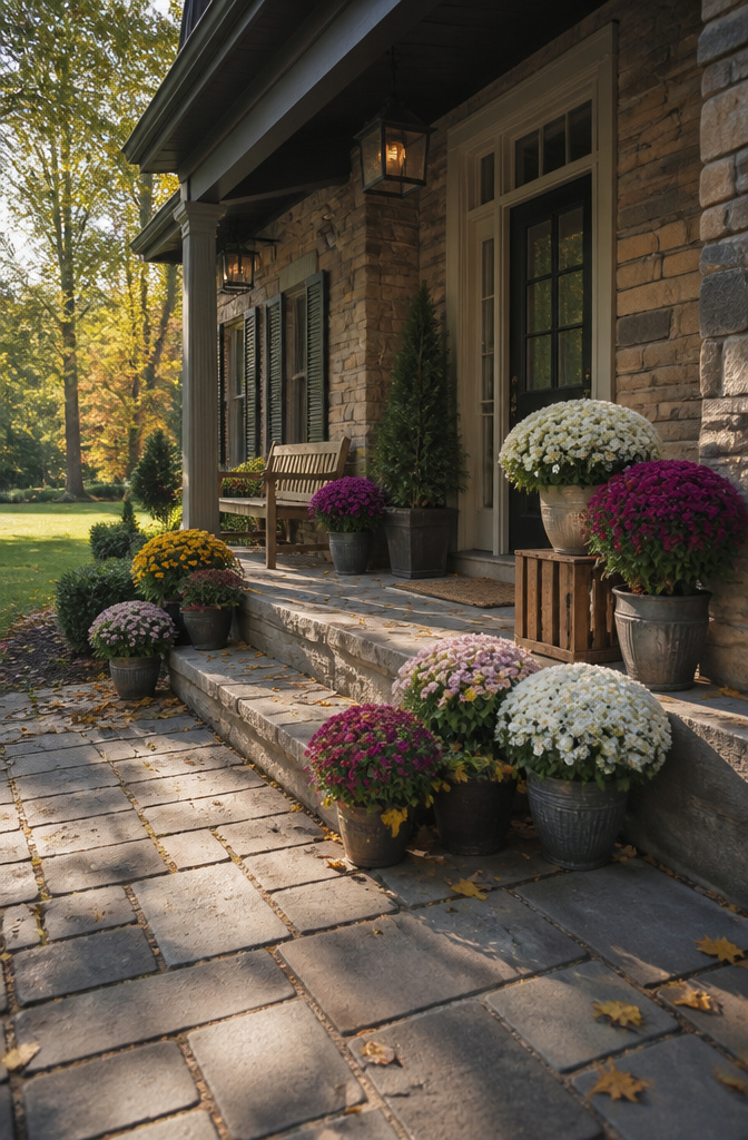 7 Front Porch Fall Decoration Ideas for 2026 4 Mums in planters showcasing purple and white blooms on a porch.