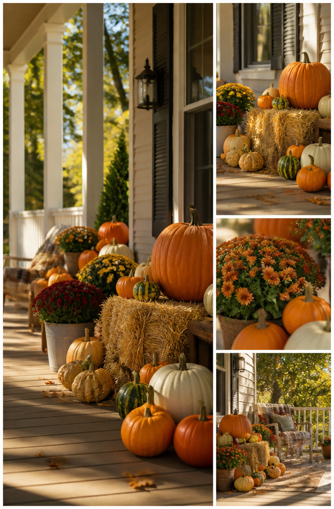 7 Front Porch Fall Decoration Ideas for 2026 5 An assortment of pumpkins and gourds arranged on a porch.