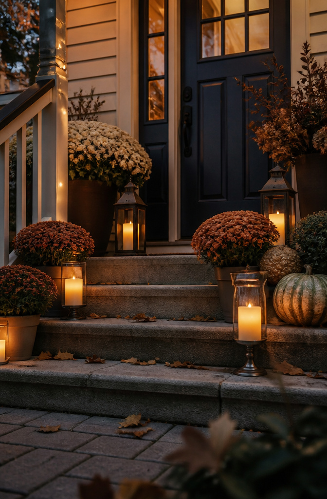 7 Front Porch Fall Decoration Ideas for 2026 6 Battery-operated candles and lanterns provide warm lighting on a porch.