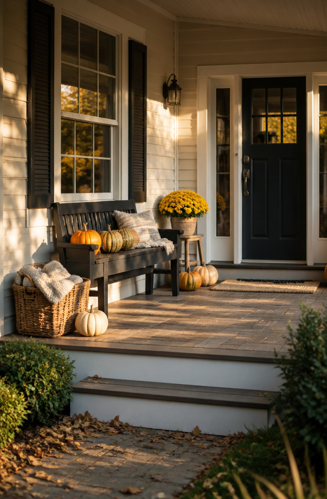 7 Front Porch Fall Decoration Ideas for 2026 7 A bench and chairs arranged on the decorated front porch.