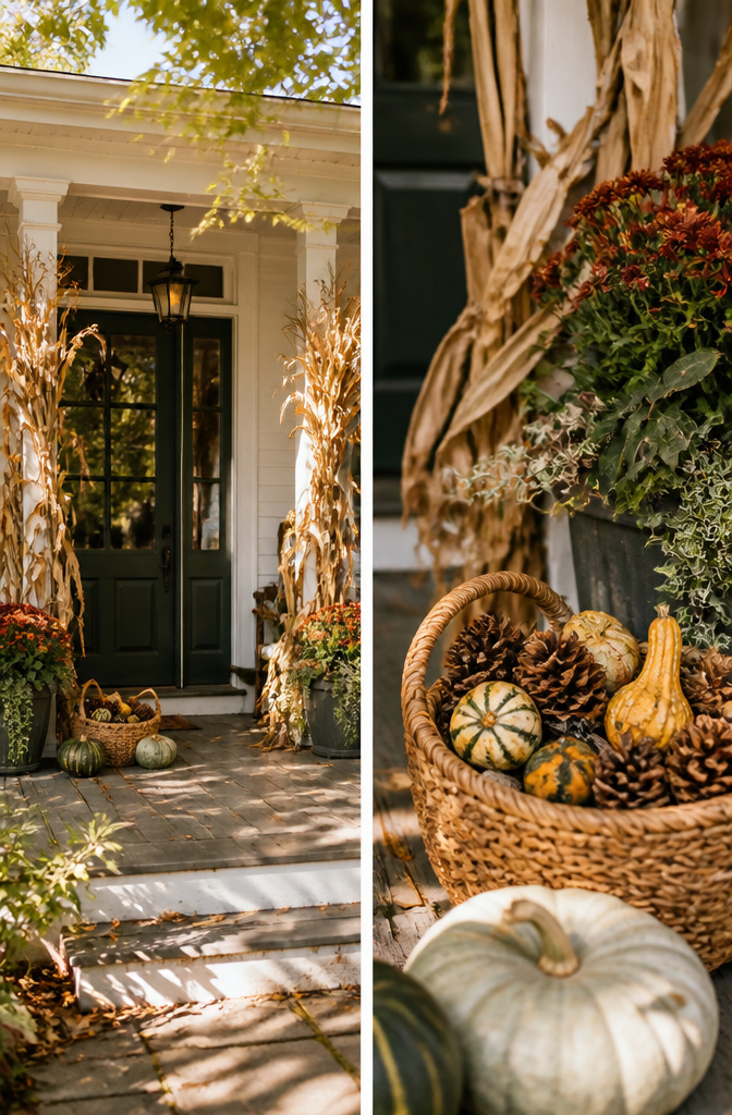 7 Front Porch Fall Decoration Ideas for 2026 8 Cornstalks tied to porch pillars and a basket of pinecones.
