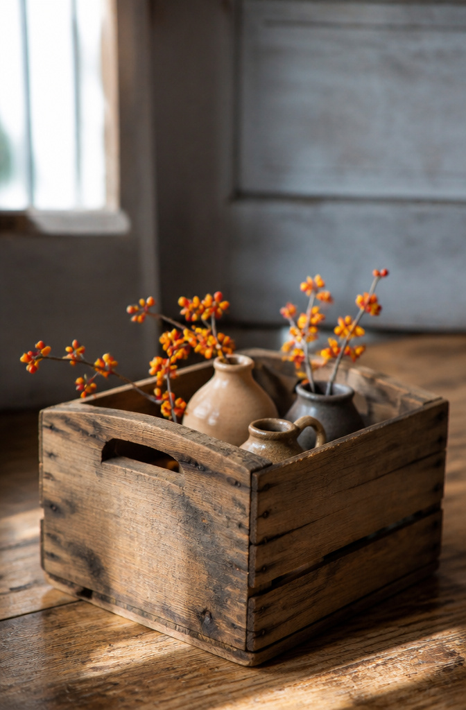 A wooden crate with ceramic decor and mini pumpkins.
