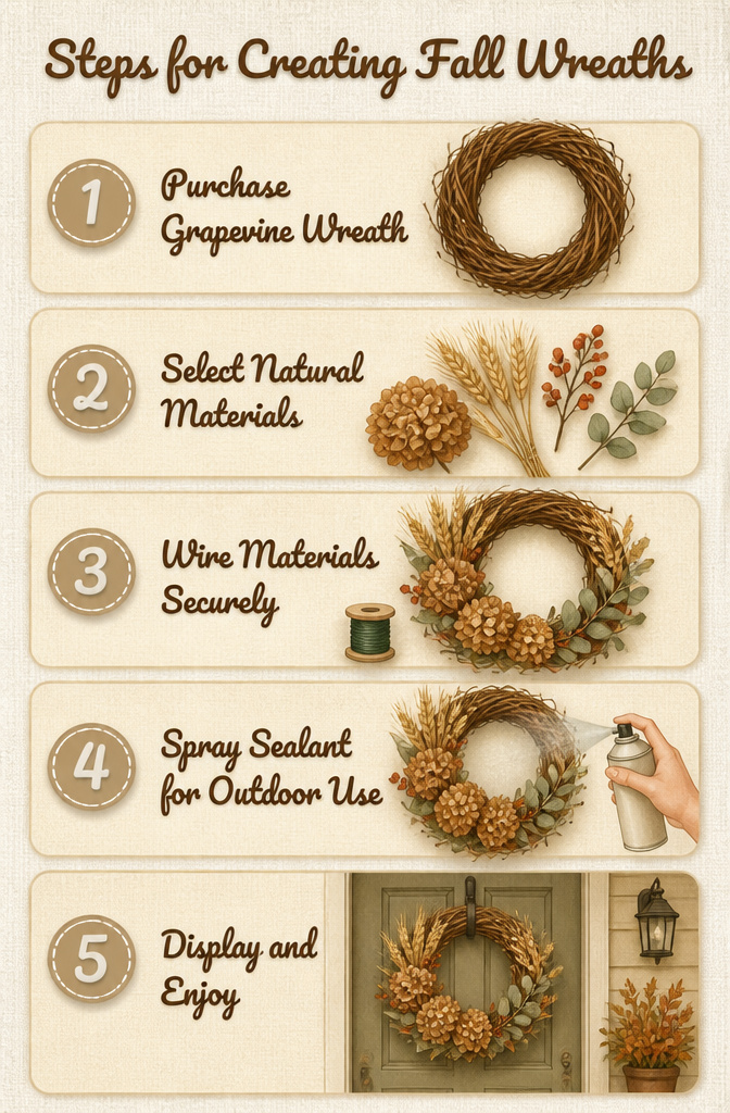 Steps for creating fall wreaths with dried materials.