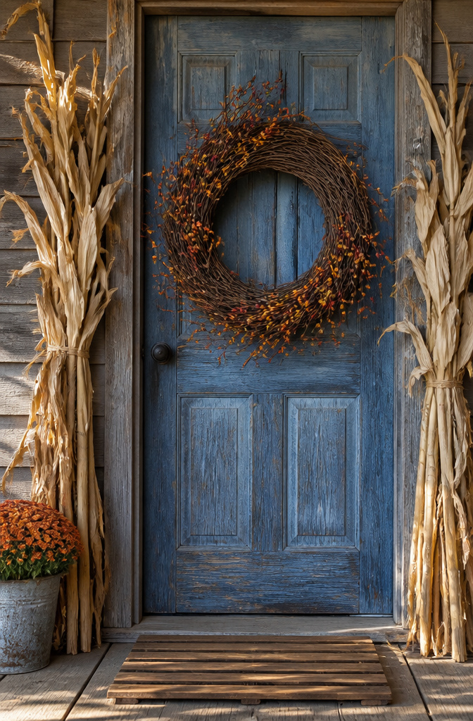 A grapevine wreath decorated with bittersweet sprigs and fall berries.