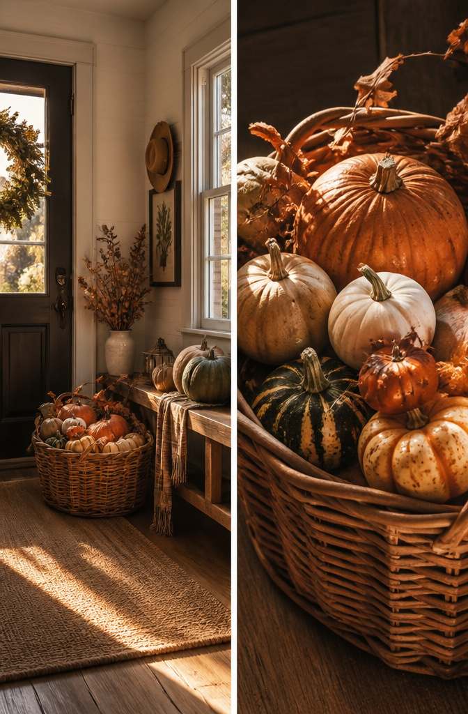 A basket filled with real and faux pumpkins by a door.