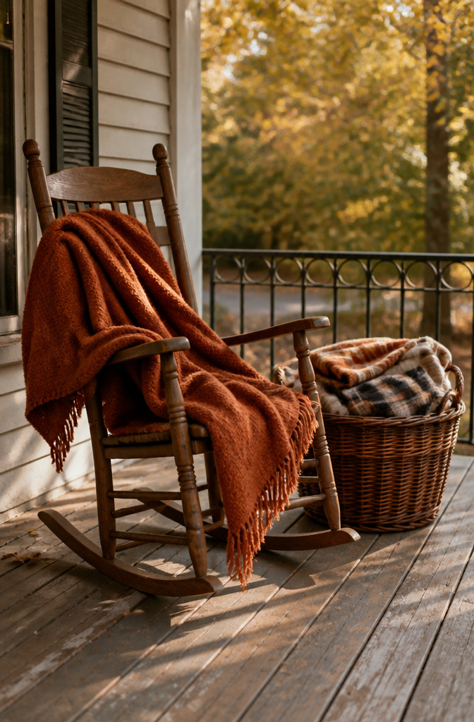 A rust-colored throw on a rocking chair on a porch.