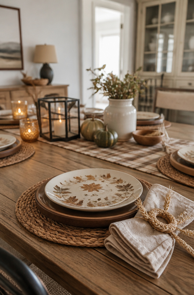 A layered table setting with warm-toned plates and linen napkins.