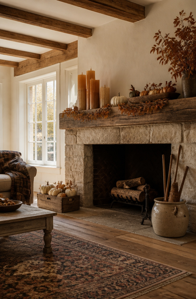 A fireplace mantel decorated with candles and seasonal decor.