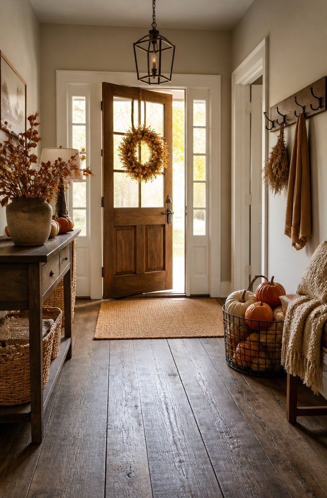 An entryway featuring a wreath and a basket of pumpkins.