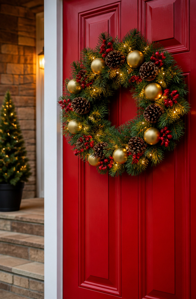 10 Christmas Front Door Decoration Ideas for 2026 2 An evergreen wreath displayed on a front door.