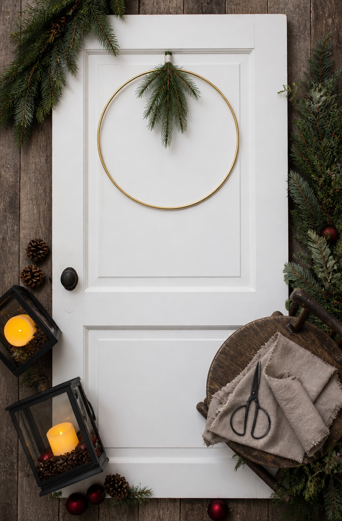 10 Christmas Front Door Decoration Ideas for 2026 11 A minimalist wreath made from a brass hoop and greenery.