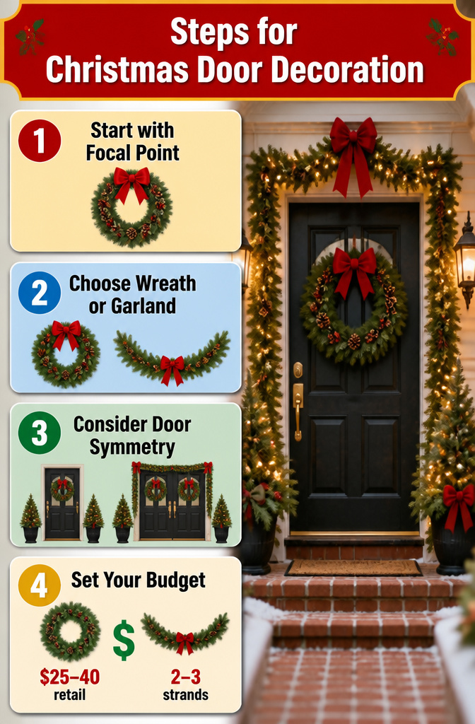 10 Christmas Front Door Decoration Ideas for 2026 13 A wreath and garland decorating a front door.
