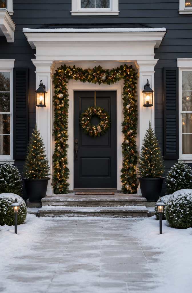 10 Christmas Front Door Decoration Ideas for 2026 3 A garland hanging around a door frame.