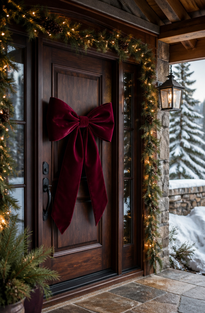 10 Christmas Front Door Decoration Ideas for 2026 4 A large velvet bow pinned at the center of a door.