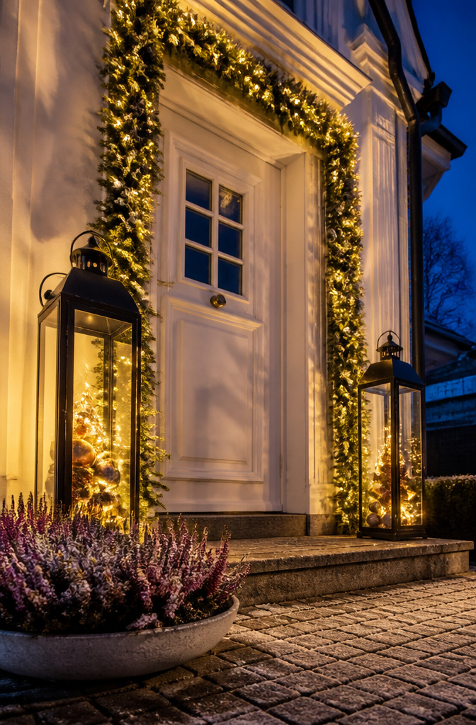 10 Christmas Front Door Decoration Ideas for 2026 5 Two lanterns with lights on either side of a door.