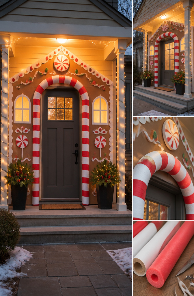 10 Christmas Front Door Decoration Ideas for 2026 6 A door decorated in a gingerbread house theme.