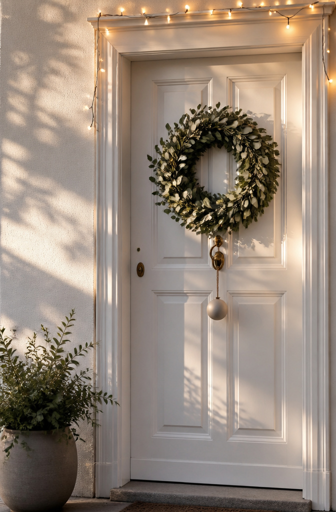 10 Christmas Front Door Decoration Ideas for 2026 7 A simple wreath and lights on a front door.