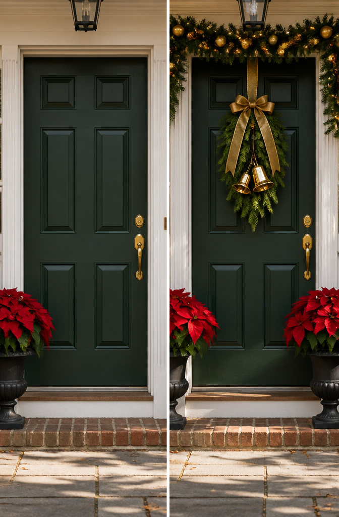 10 Christmas Front Door Decoration Ideas for 2026 8 A red door decorated with gold and silver accents.