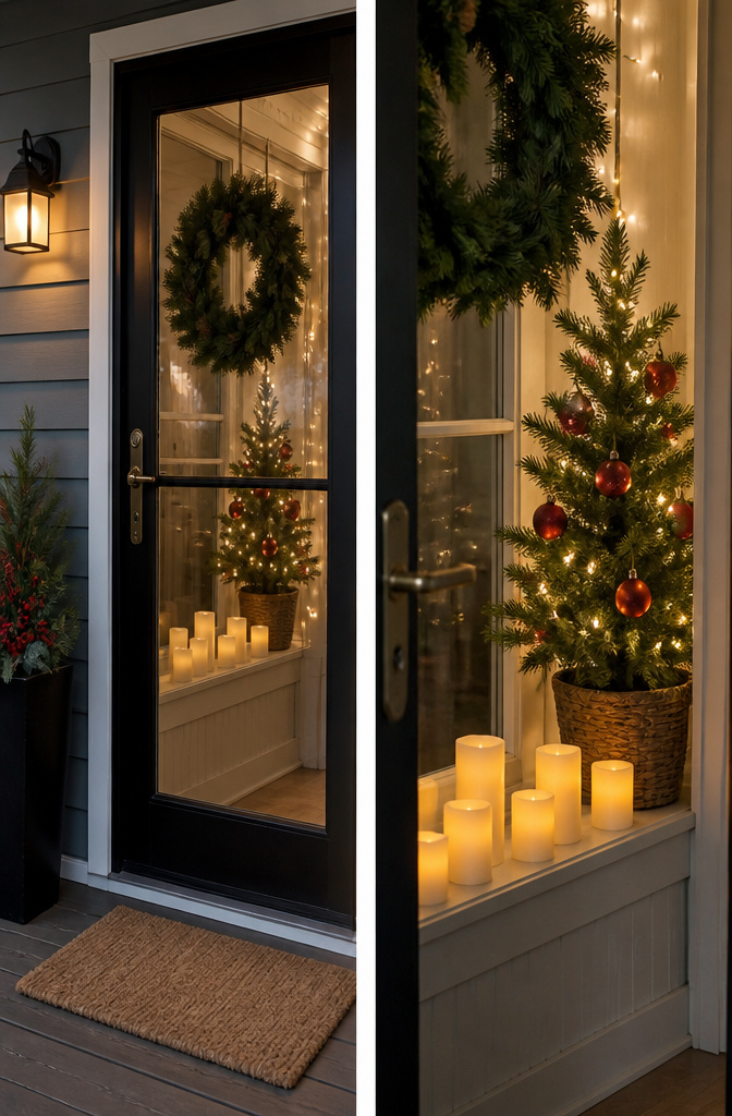 10 Christmas Front Door Decoration Ideas for 2026 9 An inner porch with a small Christmas tree and candles.