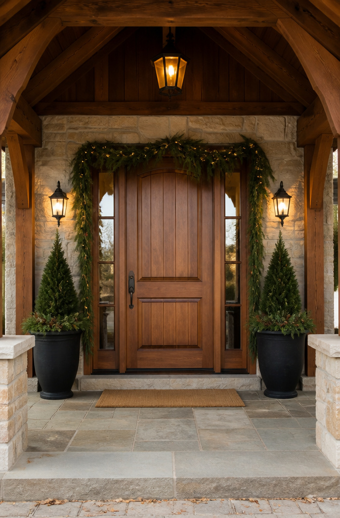 10 Christmas Front Door Decoration Ideas for 2026 10 Matching planters and sconces on either side of a door.