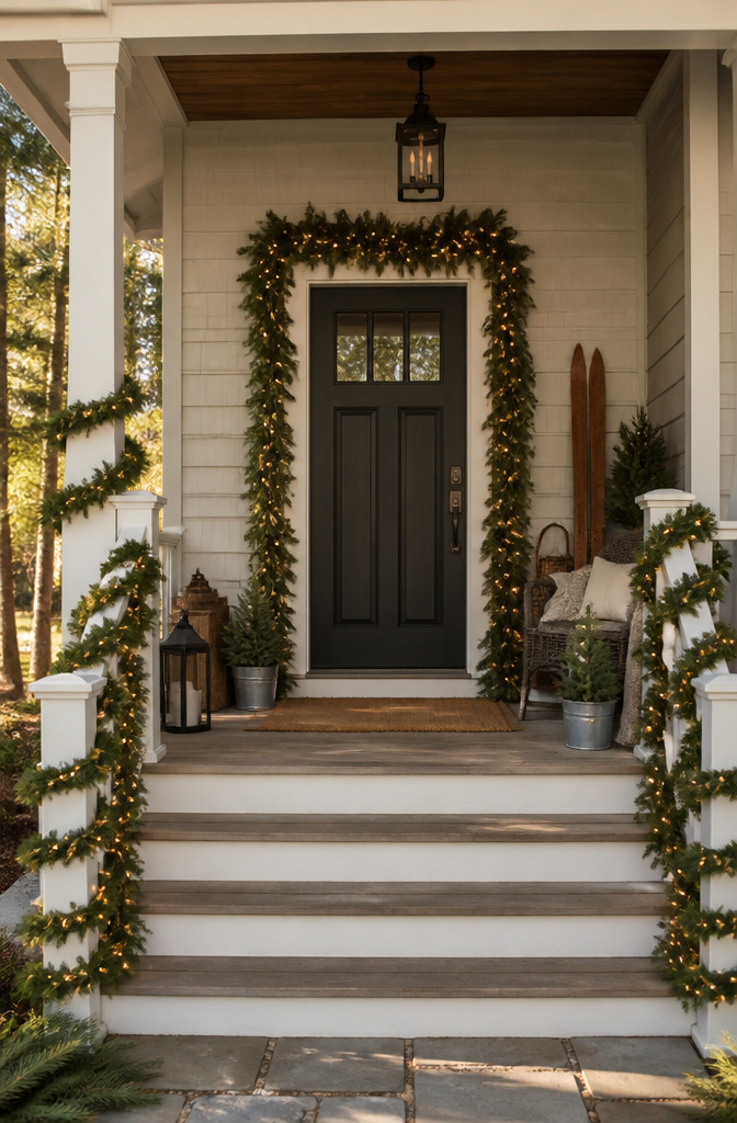 A pre-lit garland draped around a doorframe and railing.