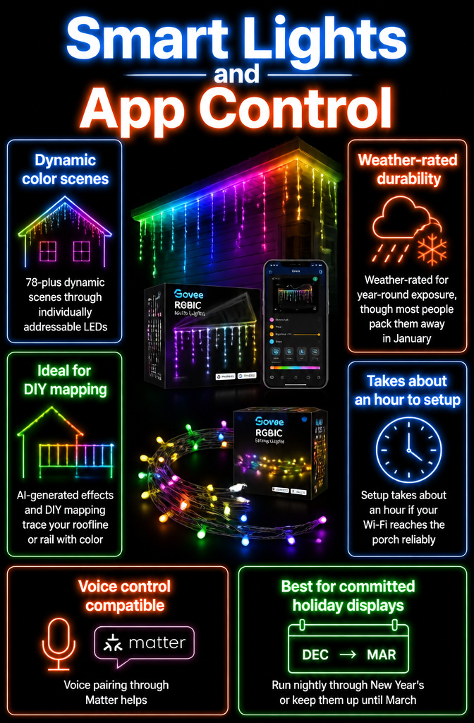 Smart lights hanging on a porch, controlled by an app.
