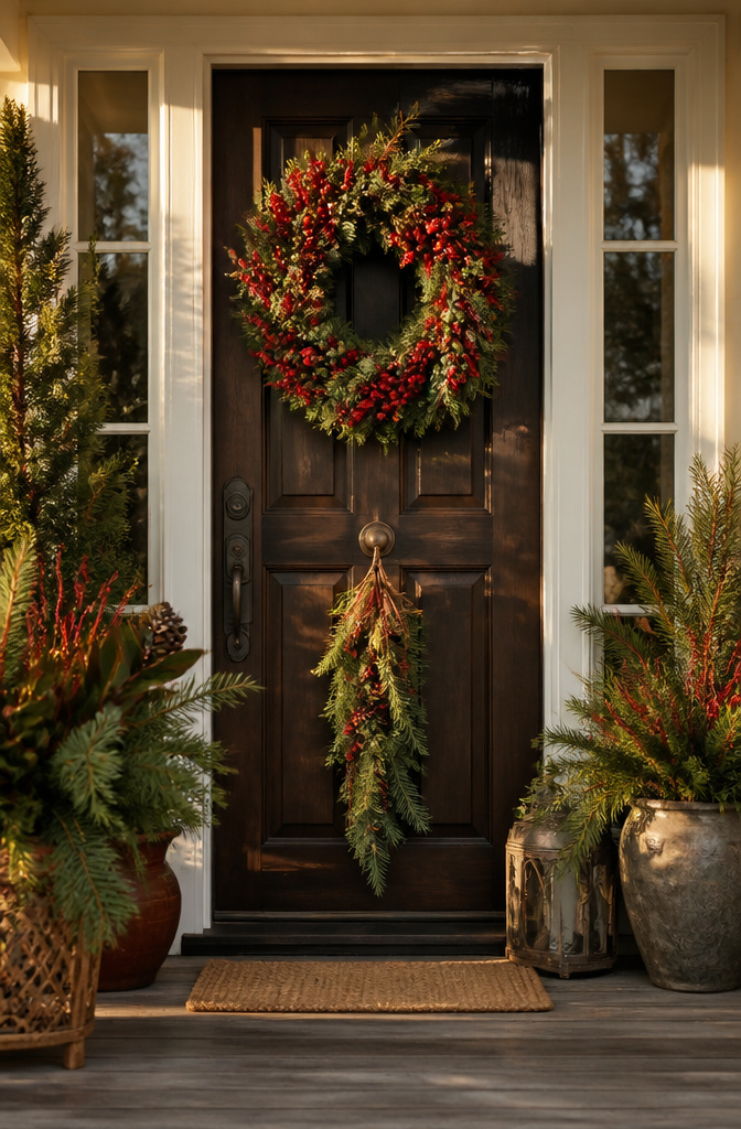 A large wreath centered on a front door with a seasonal swag.